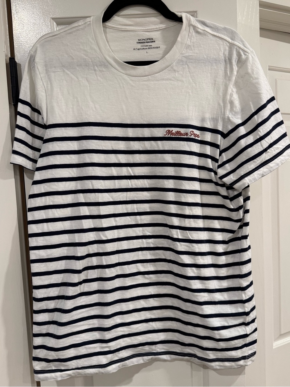 Monoprix France “Meilleur Papa” Men's Navy Stripe Crew Neck T-Shirt - L large